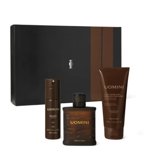 Este kit contém:
- 01 Uomini Desodorante Colônia 100ml
- 01 Creme Para Barbear e Pós Barba 2 em 1 Uomini 100g
- 01 Body Spray Desodorante Uomini 100ml 01 Caixa de Presente Dimensões: 30,8 x 21 x 6 cm