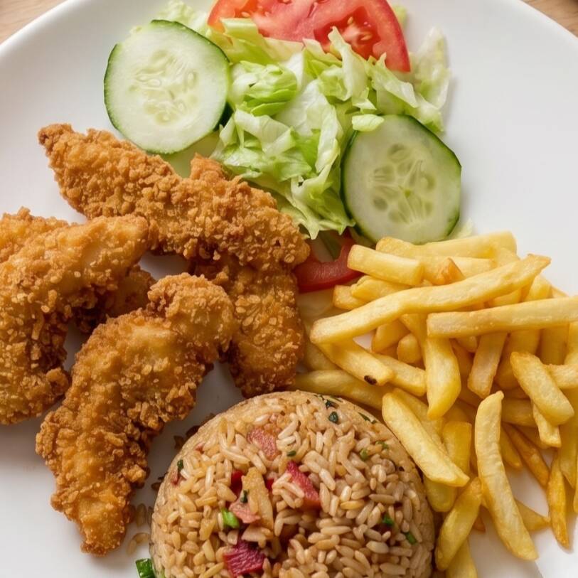 A4. Arroz Cantones, Alitas Fritas