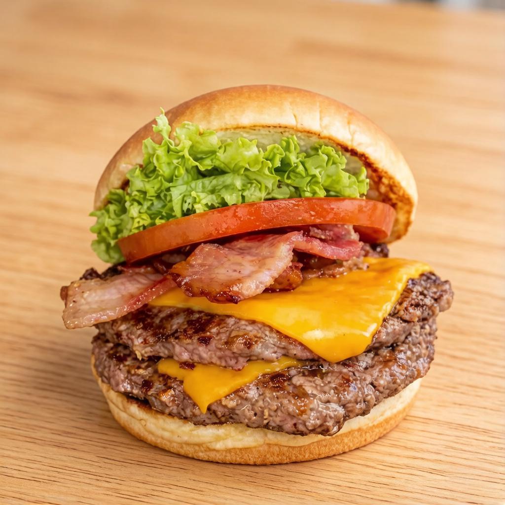 Pão brioche, 2 burger 100g caseiro, 2 cheddar, bacon, alface e tomate