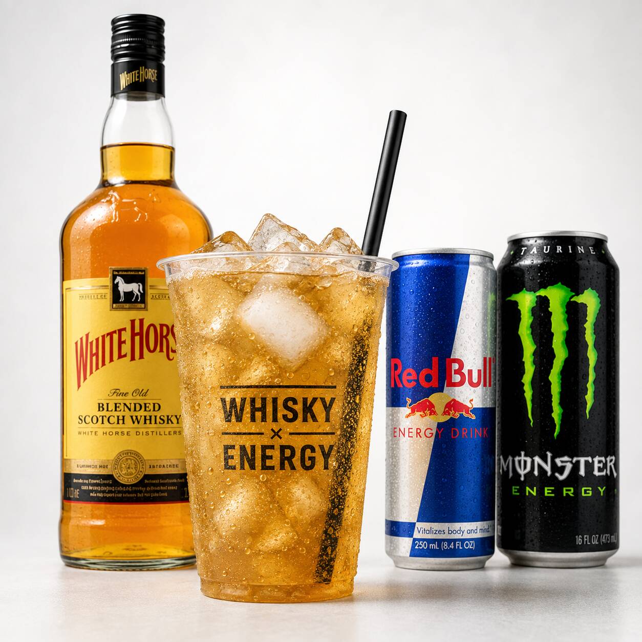 Copo 700 ml de White Horse com energético, gelo de sabor. Um drink gelado, refrescante e marcante, com o sabor do whisky combinado à energia da bebida.
