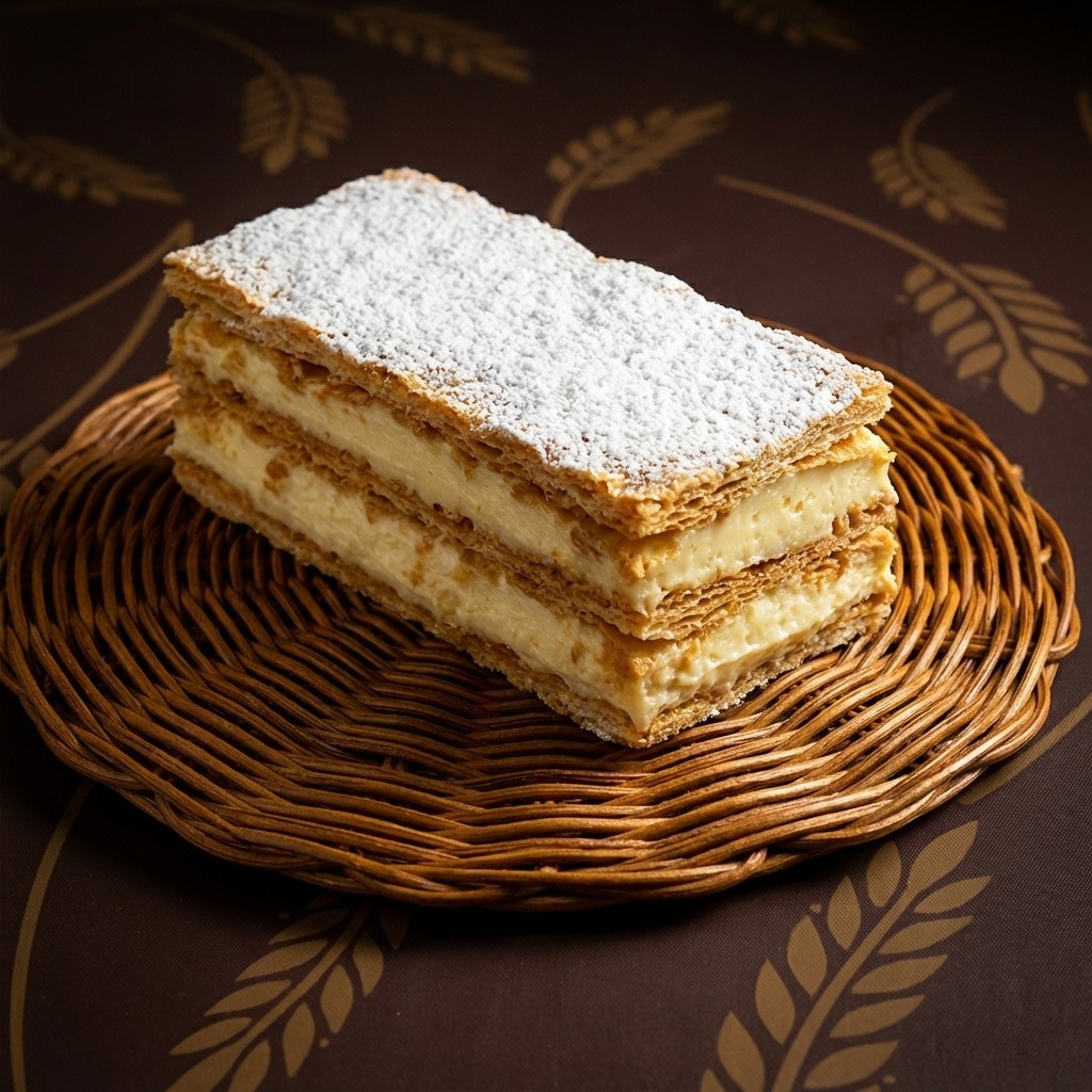 Massa folhada levíssima e crocante intercalada com creme de confeiteiro de baunilha. O equilíbrio perfeito entre leveza e cremosidade que só a confeitaria clássica consegue entregar.