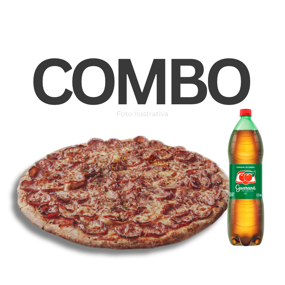 Mussarela e calabresa fatiada. Acompanha 1 Guaraná Antarctica 1 litro. Foto ilustrativa
