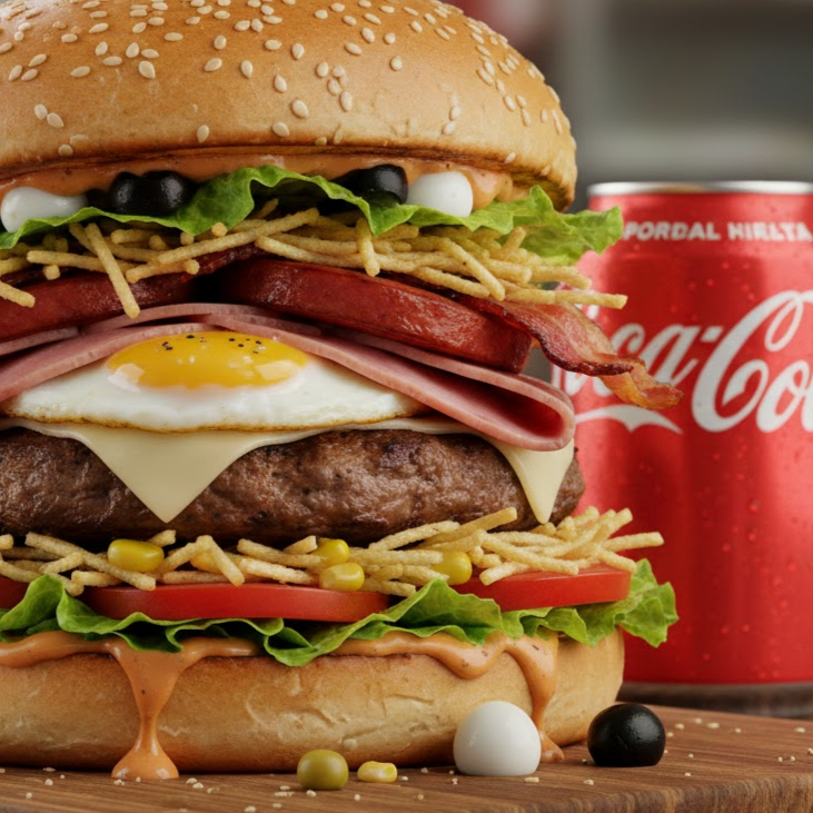 Pão, carne, ovo, queijo, presunto, Bacon, calabresa,alface, tomate,milho, ervilha, batata palha, molho, queijo ralado, ovo de codorna, azeitona