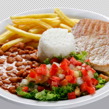 Arroz Soltinho, Feijão Caseiro, Bife De Pernil Macio, Batata Frita Crocante E Salada Fresca De Alface Com Tomate.