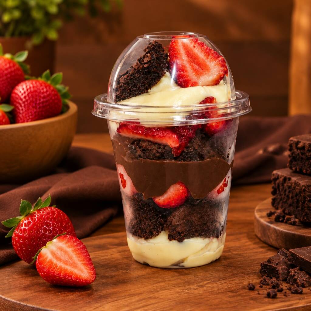 Nosso copo da felicidade é montado com brownie intercalado com brigadeiro de Ninho super cremoso, brigadeiro meio amargo e morangos frescos, criando um equilíbrio irresistível entre doçura, intensidade e frescor.