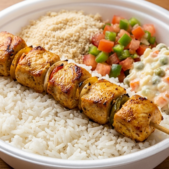 Essa promoção acompanha 1 espetinho de filé de frango, arroz , farofa, molho à campanha e maionese.