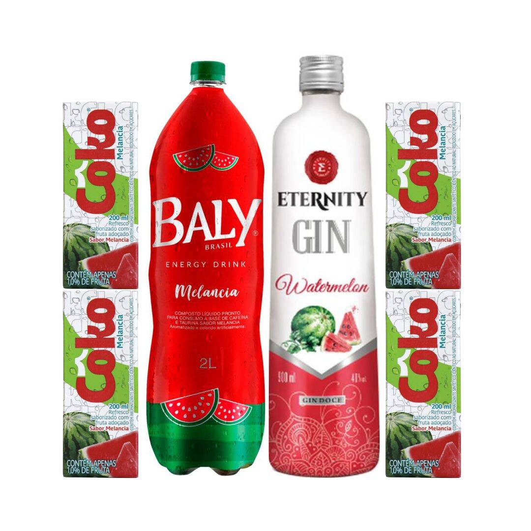 Garrafa de Gin Eternity Melancia 900ml, Baly 2L, 4 Gelos, 4 Copos de 770ml
