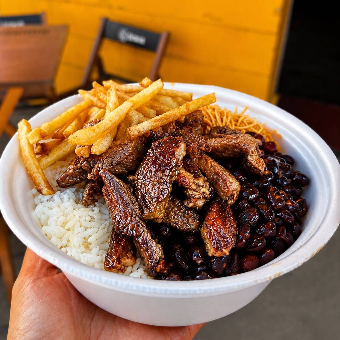 Deliciosa carne de sol na manteiga, macia e suculenta, acompanhada de arroz soltinho, feijão bem temperado, macarrão saboroso, vinagrete fresquinho, farofa crocante e batata frita douradinha.(serve 1 pessoa)