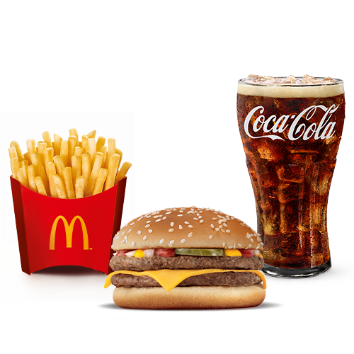 Dois hambúrgueres, uma explosão de sabor, acompanhamento e bebida. Dois deliciosos hambúrgueres de carne 100% bovina, queijo cheddar derretido, picles, cebola picada, ketchup e mostarda, acompanhamento e bebida