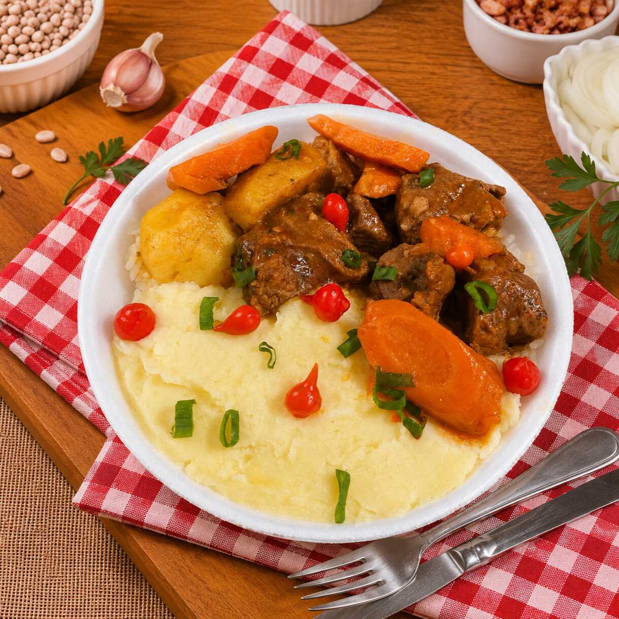 (Marmita Indicada Para 01 Pessoa)Carne de Panela com Arroz/Feijão/Purê