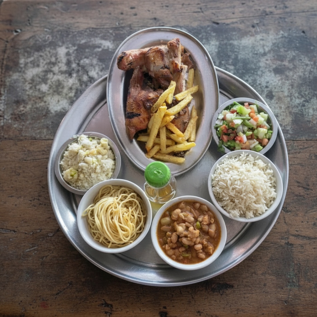 FEIJAO ARROZ MACARRAO VINAGRETE FAROFA E FRITAS