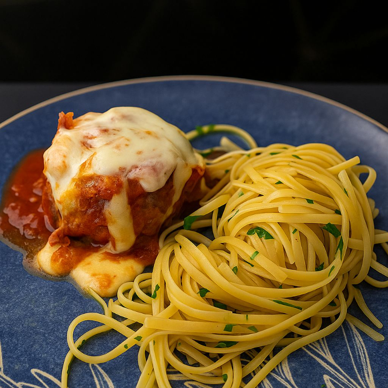 Polpetone recheado com mozzarella, empanado e coberto com molho sugo, coberto com queijo parmesão gratinado, servido com linguine