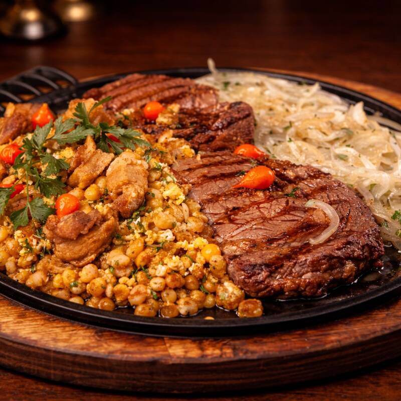 Ancho grelhado na chapa, acompanhado de cebolas caramelizadas, batatas fritas douradas, arroz branco soltinho e feijão tropeiro bem temperado. Robusto, tradicional e irresistível. Um prato que combina textura, suculência e sabor autêntico em cada garfada! (Serve 2 pessoas.)