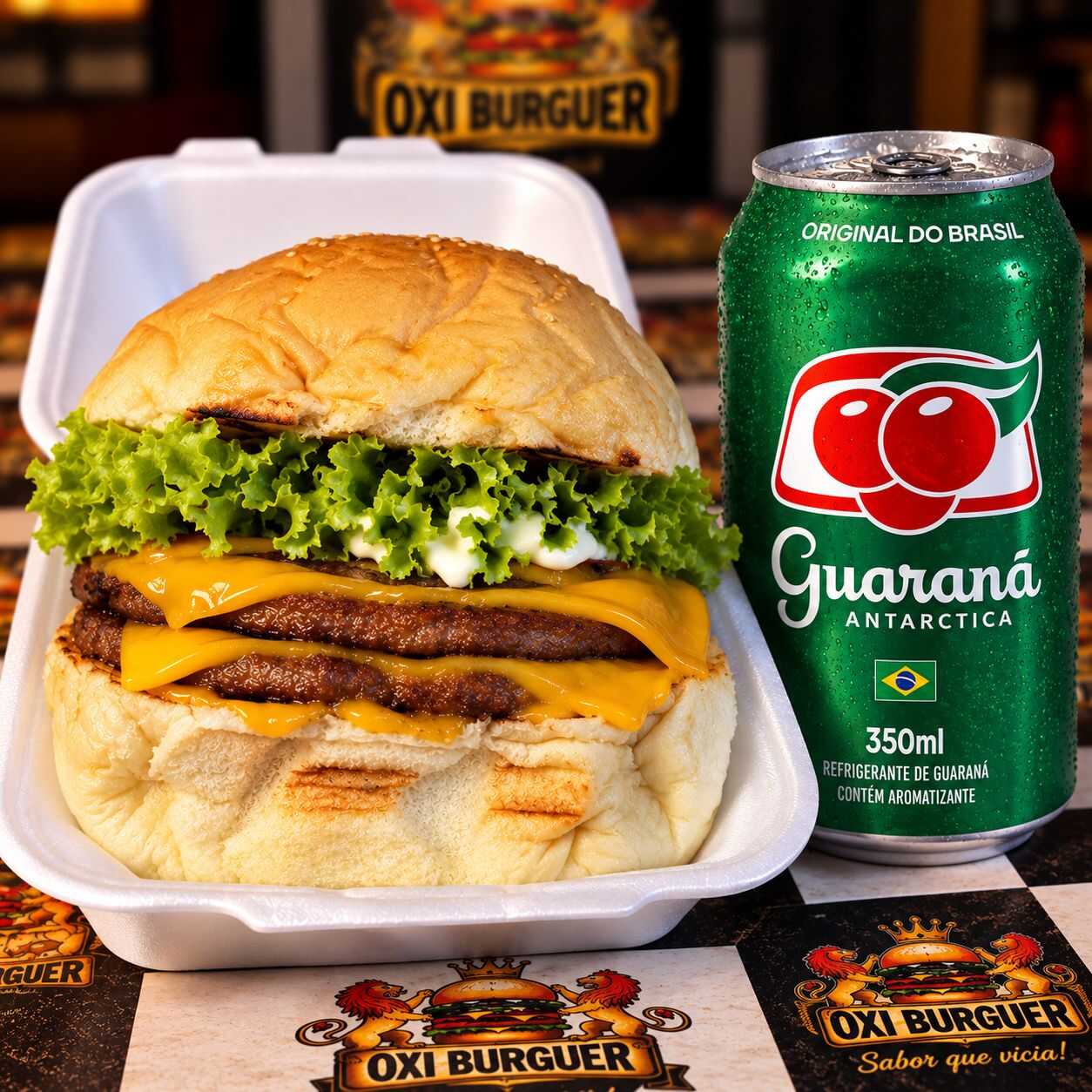 2 CARNES, DUAS FATIAS DE QUEIJO, ALFACE,CHEDDAR BARBECUE , MAIONESE E 1 REFRIGERANTE EM LATA SOBOR GUARANÁ ANTARTICA