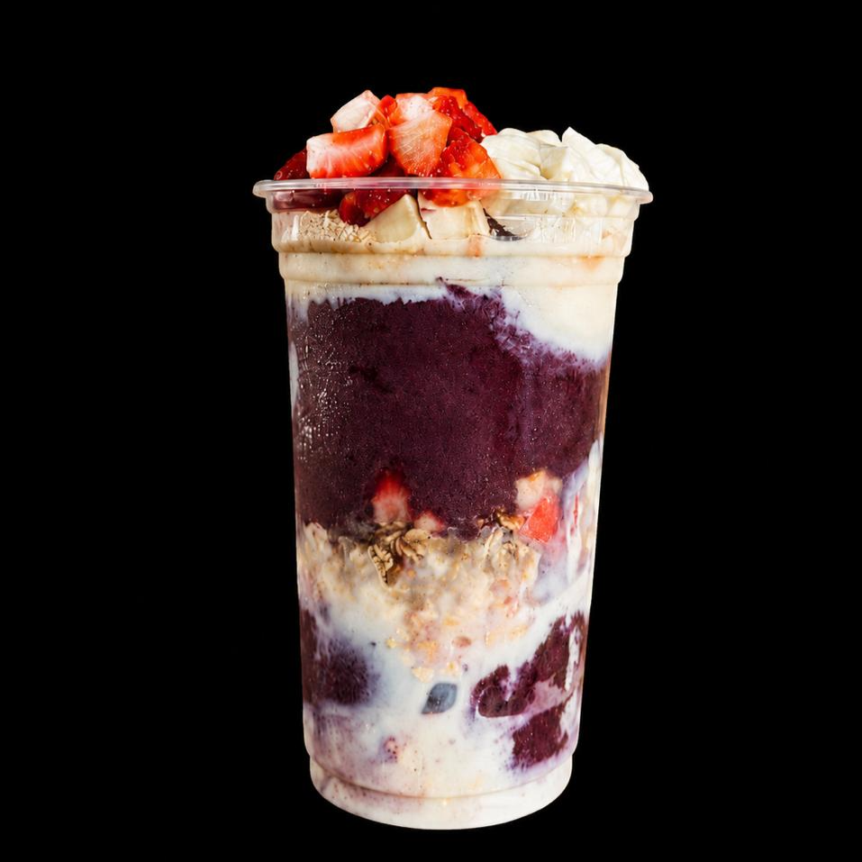 Acompanha: Duas camadas dos seguinte itens: Granola, amendoim, paçoca, leite condensado, leite em pó, morango e banana
