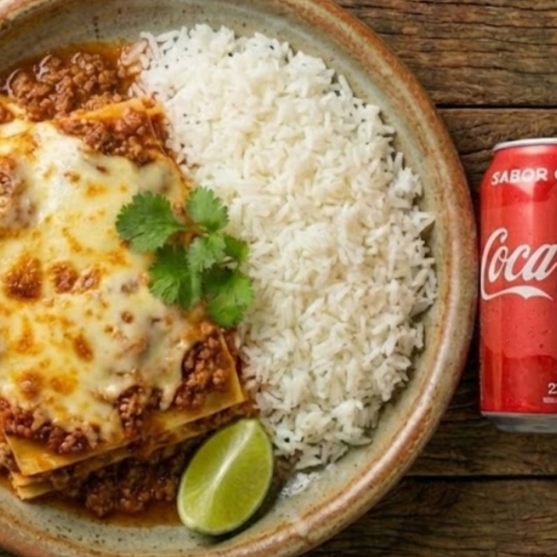 Lasanha, Arroz Branco e Coca-Cola 350ml