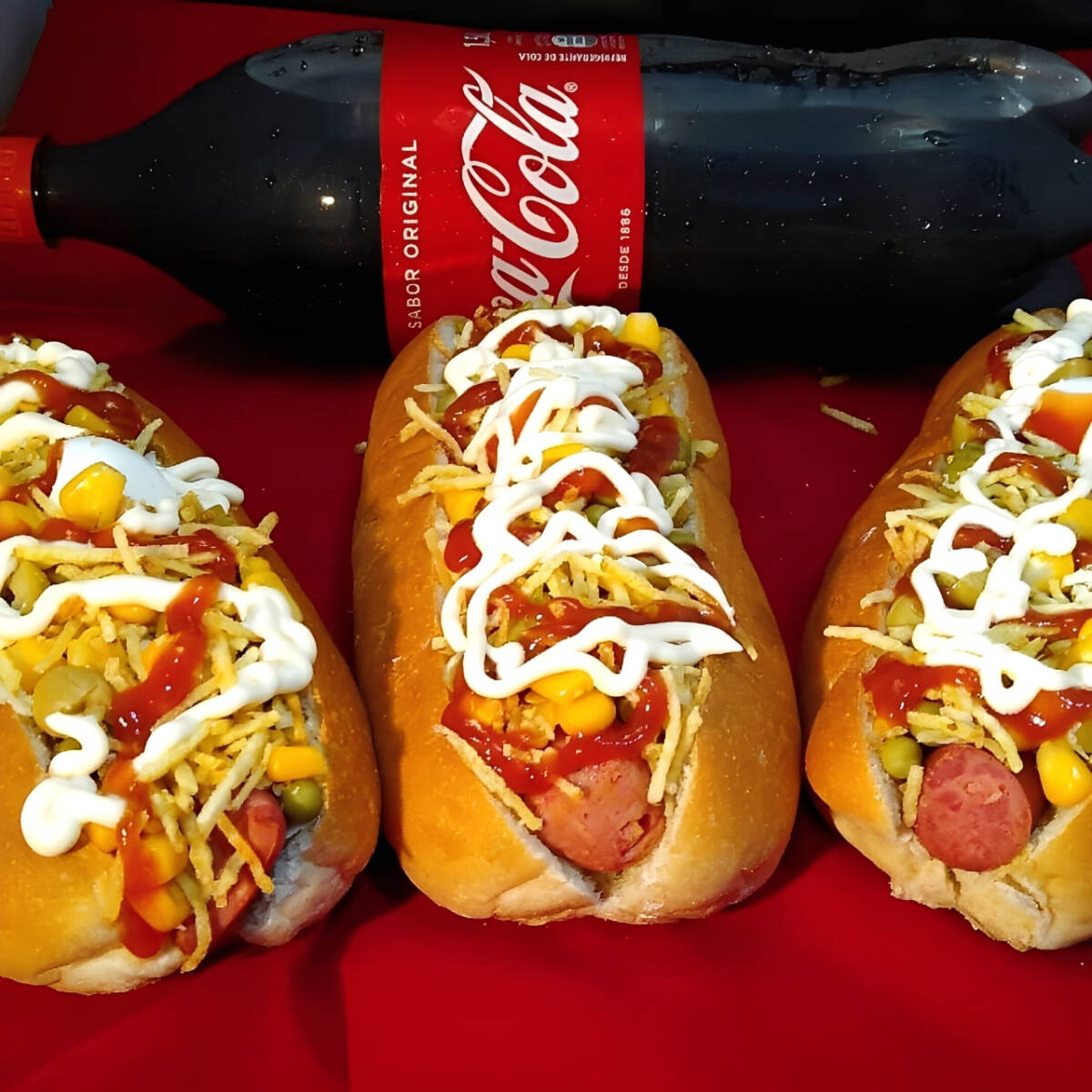 HOT DOG, PÃO, CARNE, SALSICHA, MOLHOS, E REFRIGERANTE 200 ML