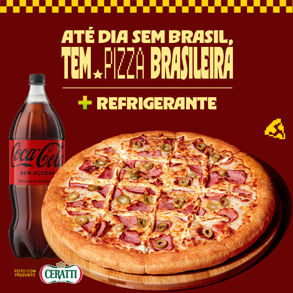 Desconto fixo na Pizza Brasileira Grande (34cm a 36cm – agora em 8 fatias) + Refri 2l.