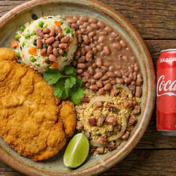 Filé de Frango Empanado com Arroz à Grega, Feijão e Farofa + Coca-Cola 350ml