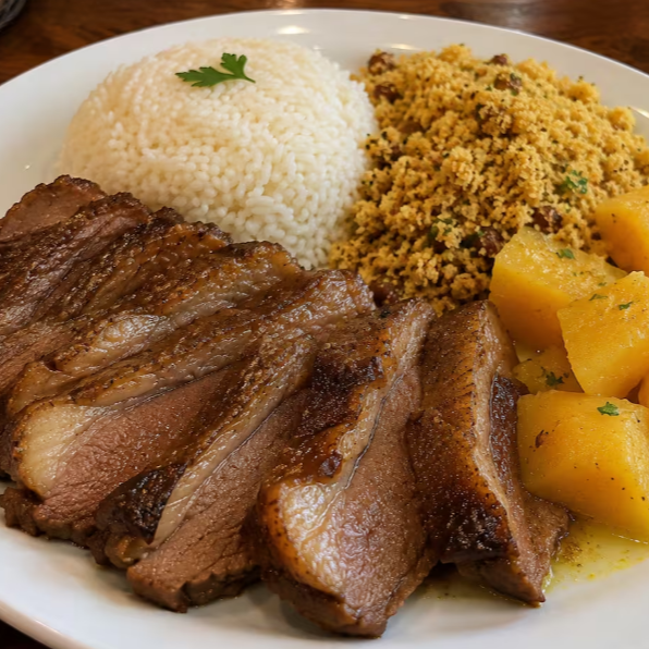 Arroz, farofa de banana e mandioquinha na manteiga. Toda sexta-feira!