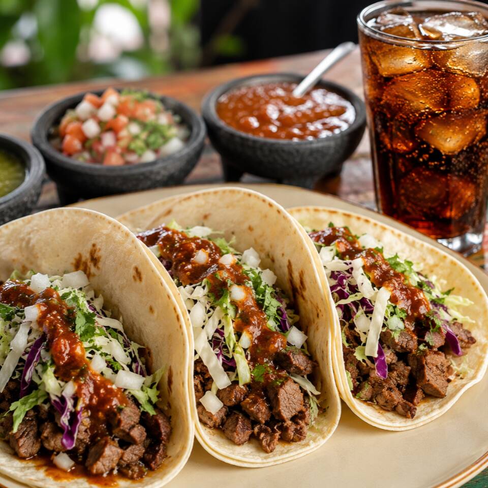 3 TACOS DE CARNE ASADA & BEBIDA