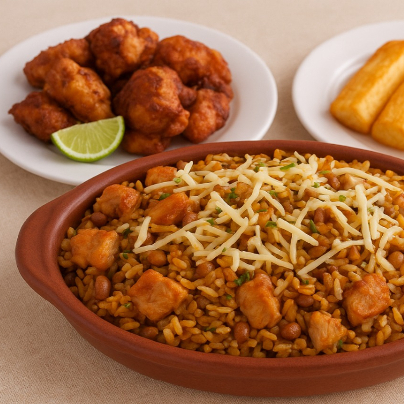 Marmita com Baião de dois média a moda da casa(arroz , feijão de corda,queijo mussarela,torresmo,carne seca desfiada e temperos do cheff)acompanhada de frango a passarinho frito e mandioca frita.