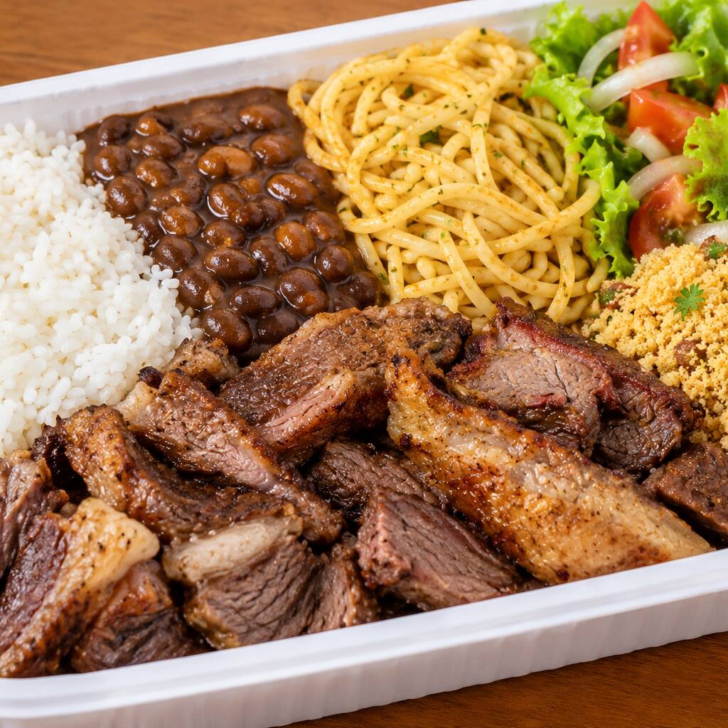 Acompanhamento arroz, feijão, Macarrão, salada e farofa