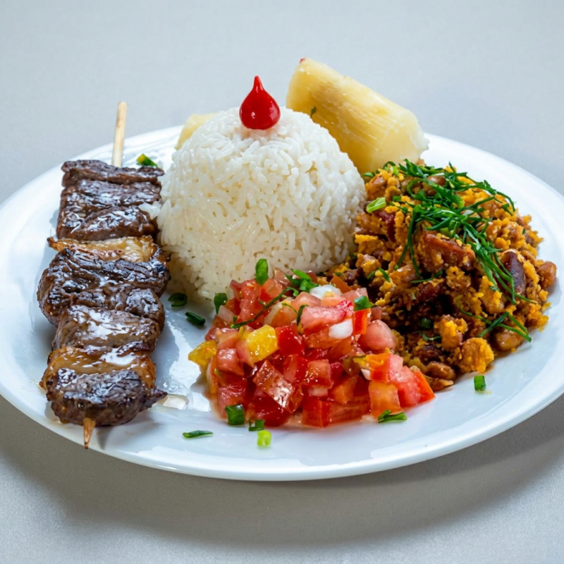 Arroz , feijao tropeiro, vinagrete e mandioca + espeto !