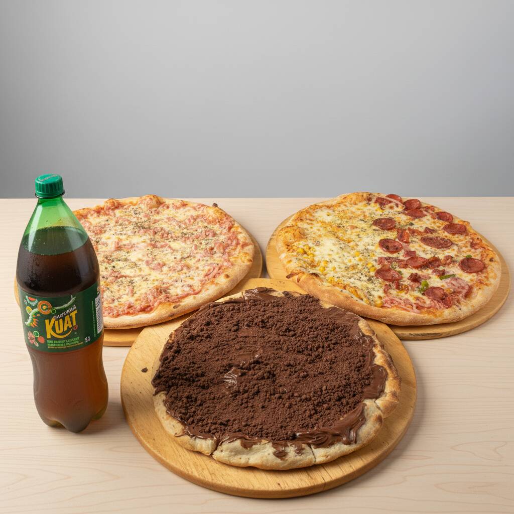 2 Pizzas 35cm 8 Fatias + Media de Ovomaltione + Kaut 2l