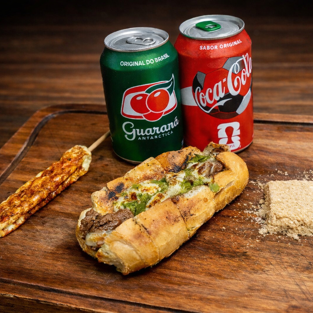 Pão de alho recheado com carne da sua escolha, com catupiry e vinagrete de pimentão