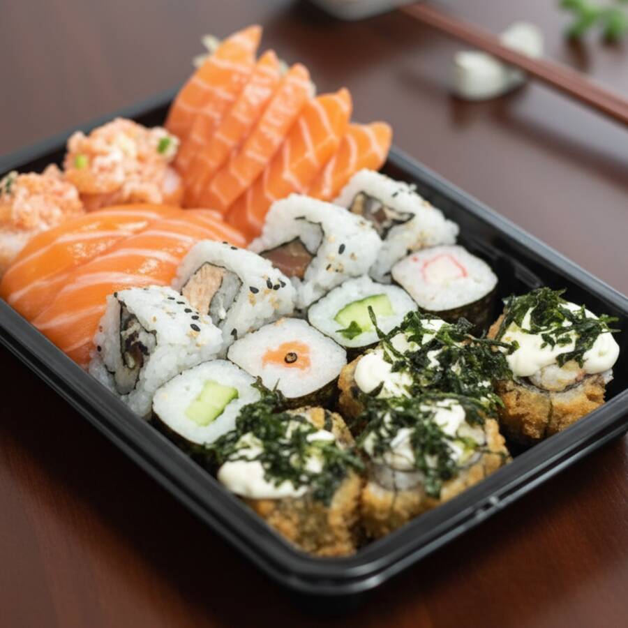 4 Deliciosos Sashimis Salmão 2 Deliciosos Niguiris Salmão 2 Deliciosos Joe Salmão 4 Deliciosos Uramakis 4 Deliciosos Hossomakis 4 Crocantes Hot Holls Com Couve