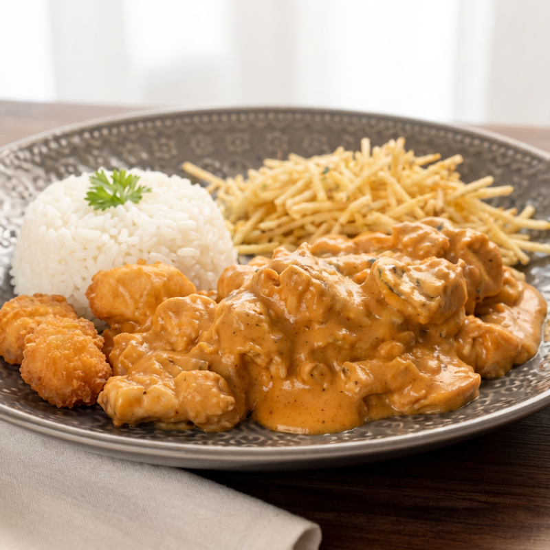 Clássico strogonoff de frango com molho cremoso de creme de leite , servido com arroz, feijão, macarrão alho e oleo e batata palha.