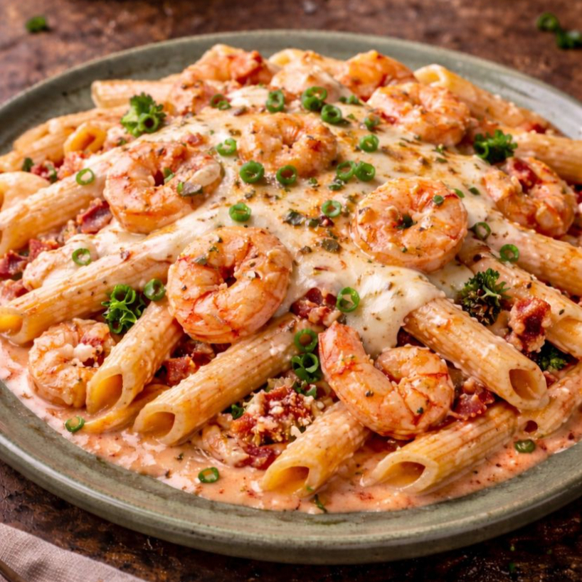 Uma deliciosa Parmegiana de Frango empanado e crocante acompanhado de um macarrão envolto em um cremoso e suave molho rosé, acompanhado de camarões suculentos e finalizado com queijo derretido e um toque de cebolinha fresca, criando uma experiência gastronômica rica e irresistível.