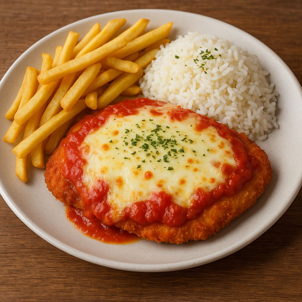 Arroz, feijão, farofa, salada, batata frita ou salpicão.