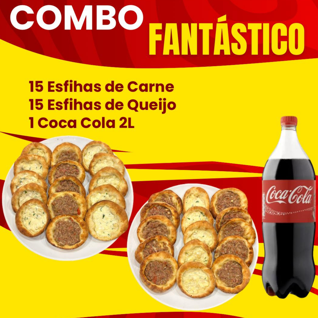 15 esfihas de carne. 15 esfihas de queijo minas e 1 coca cola 2L