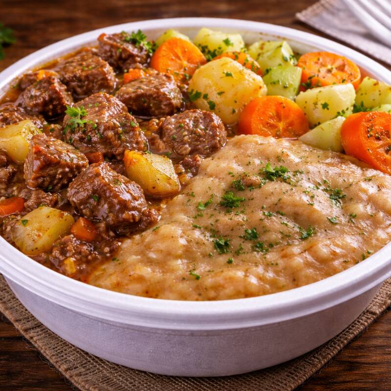 Delicioso guisado, acompanhado de arroz no alho, legumes cozido e um maravilhoso pirão da carne.