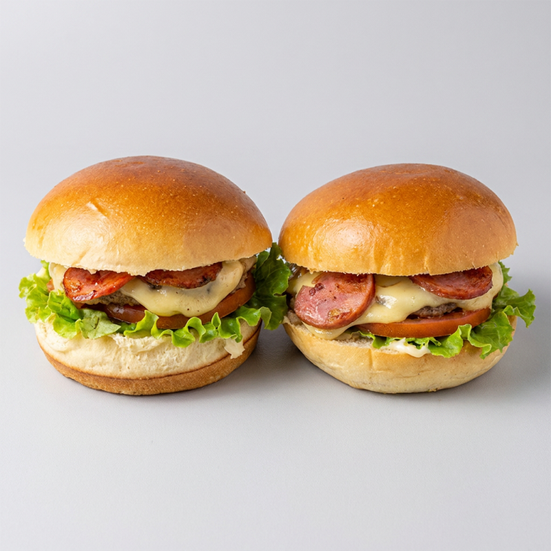 2 lanches Pão de brioche, hamburguer tradicional, calabresa, queijo prato, milho, alface, tomate, maionese caseira.