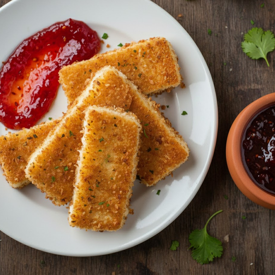 Queijo provolone a milanesa. Acompanha geleia de pimenta