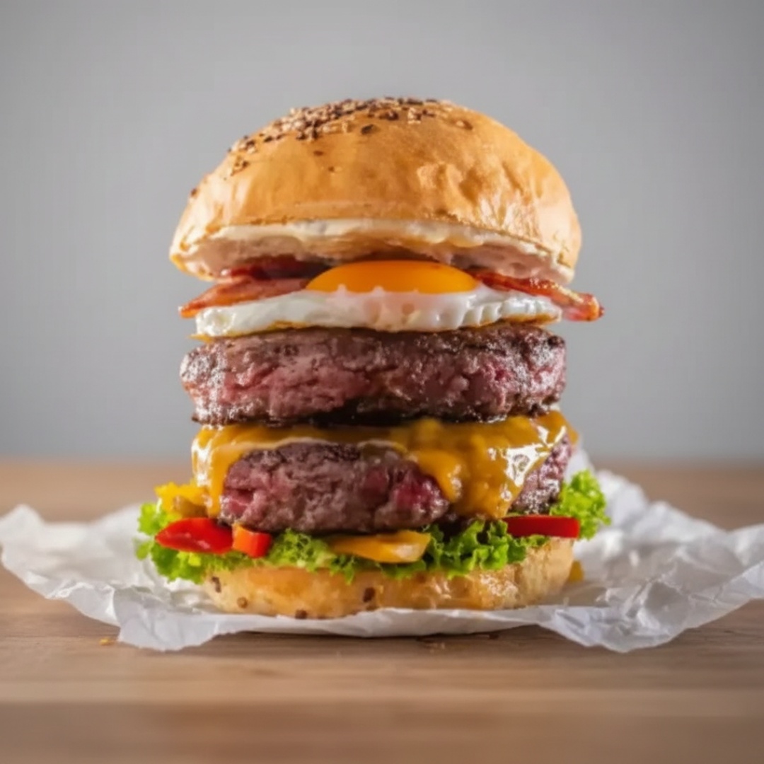 Pão, 2 carnes, mussarela, cheddar, bacon, ovo, presunto, milho, alface, tomate, cebola roxa, batata palha, molho Hulk e molho Bbq.