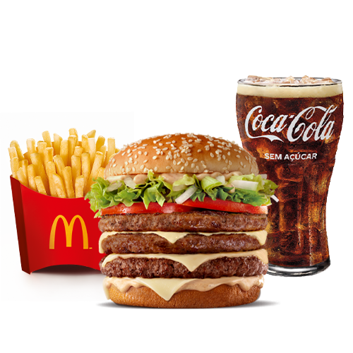 Composto por três hambúrgueres de carne 100% bovina, o icônico molho tasty, queijo processado sabor emental, tomate, alface, cebola, tudo isso no pão com gergelim, acompanhamento e bebida