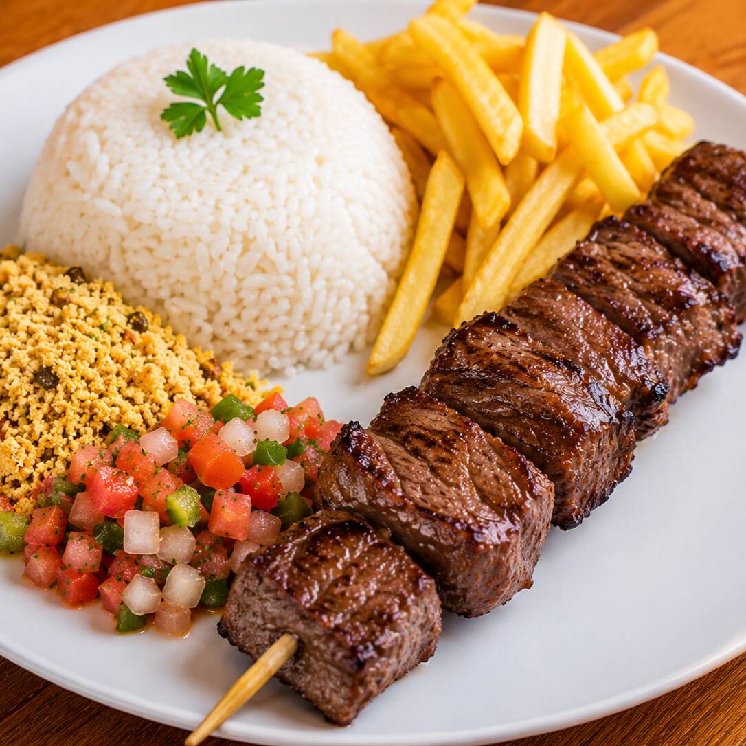 Espeto simples completo: arroz, farofa, vinagrete e batata frita.