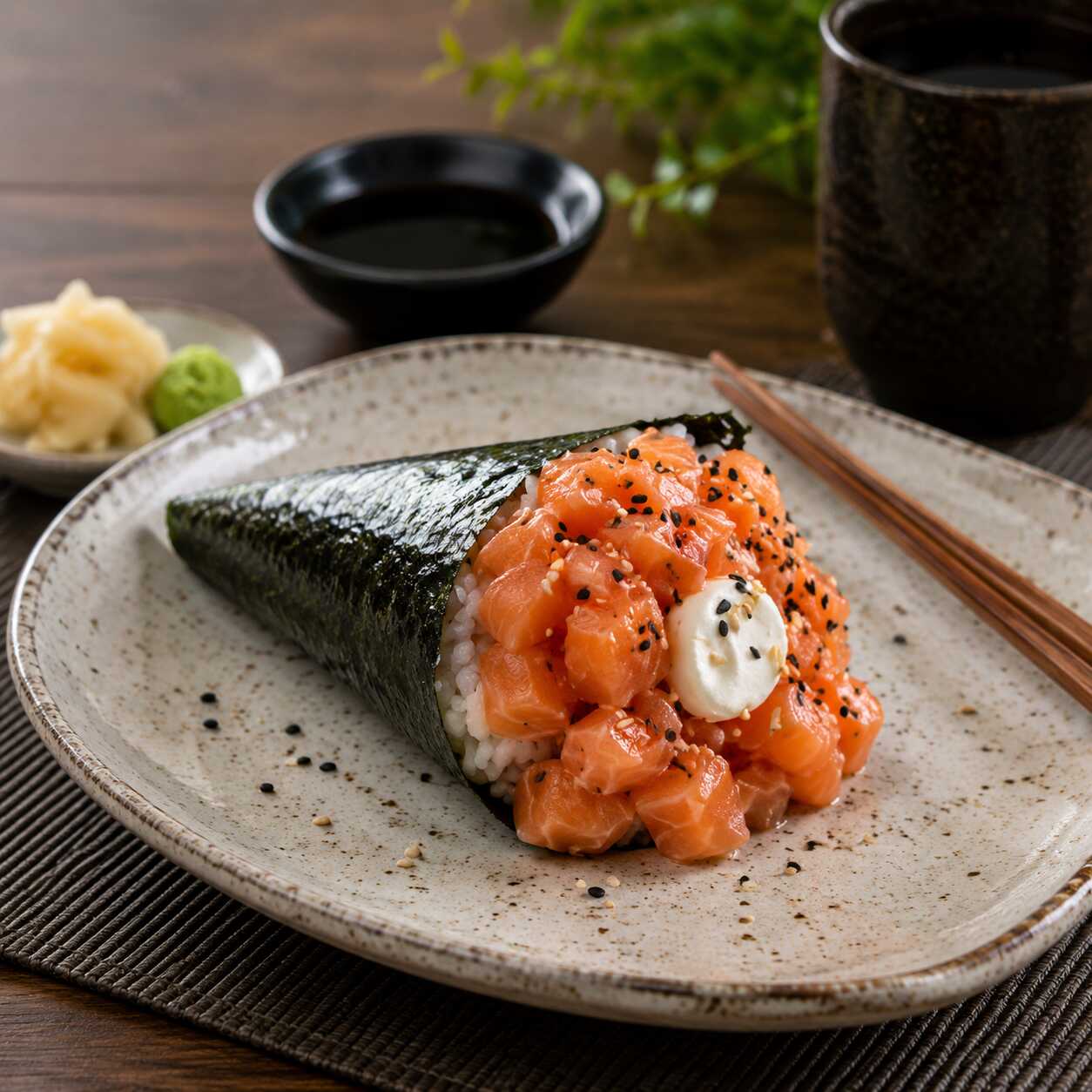 Combo com 2 temakis de salmão preparados com filé fresco, arroz japonês e cream cheese, enrolados em nori crocante. Acompanha Coca-Cola 350ml