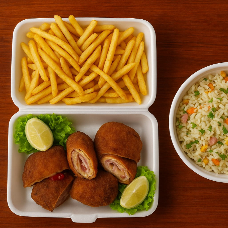 Filet de Frango á milanesa , arroz á grega , fritas e presunto e queijo enrolados á milanesa.