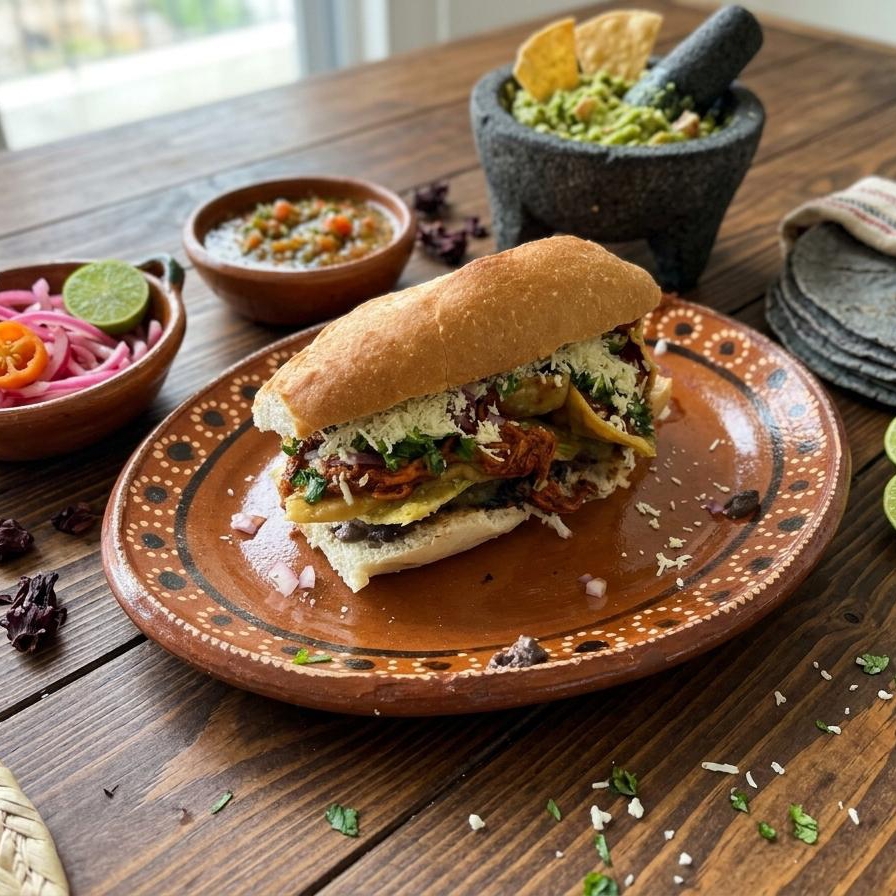 Torta de Chilaquiles con Cochinita