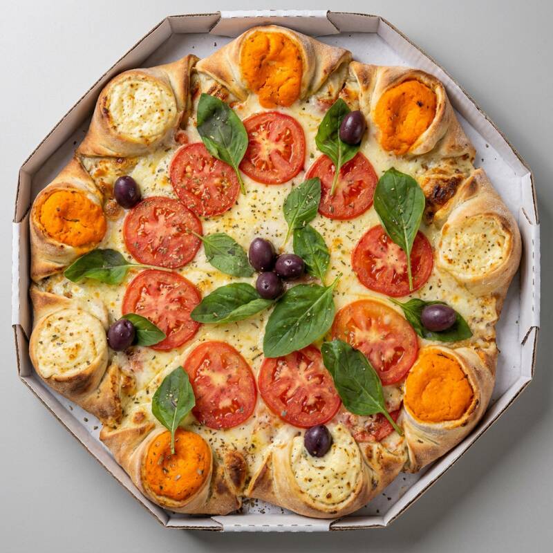 Massa, molho, mussarela, tomate, manjericão, parmesão, azeitona e orégano.