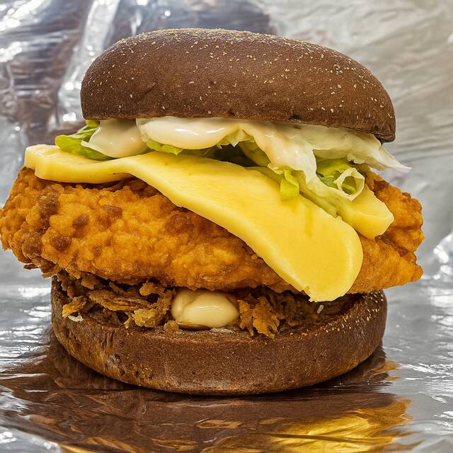 DUPLO DE FRANGO CROCANTE, QUEIJO BOLA, MOLHO ESPECIAL RICO'S, ALFACE E CRISPY DE CEBOLA NO PÃO AUSTRALIANO