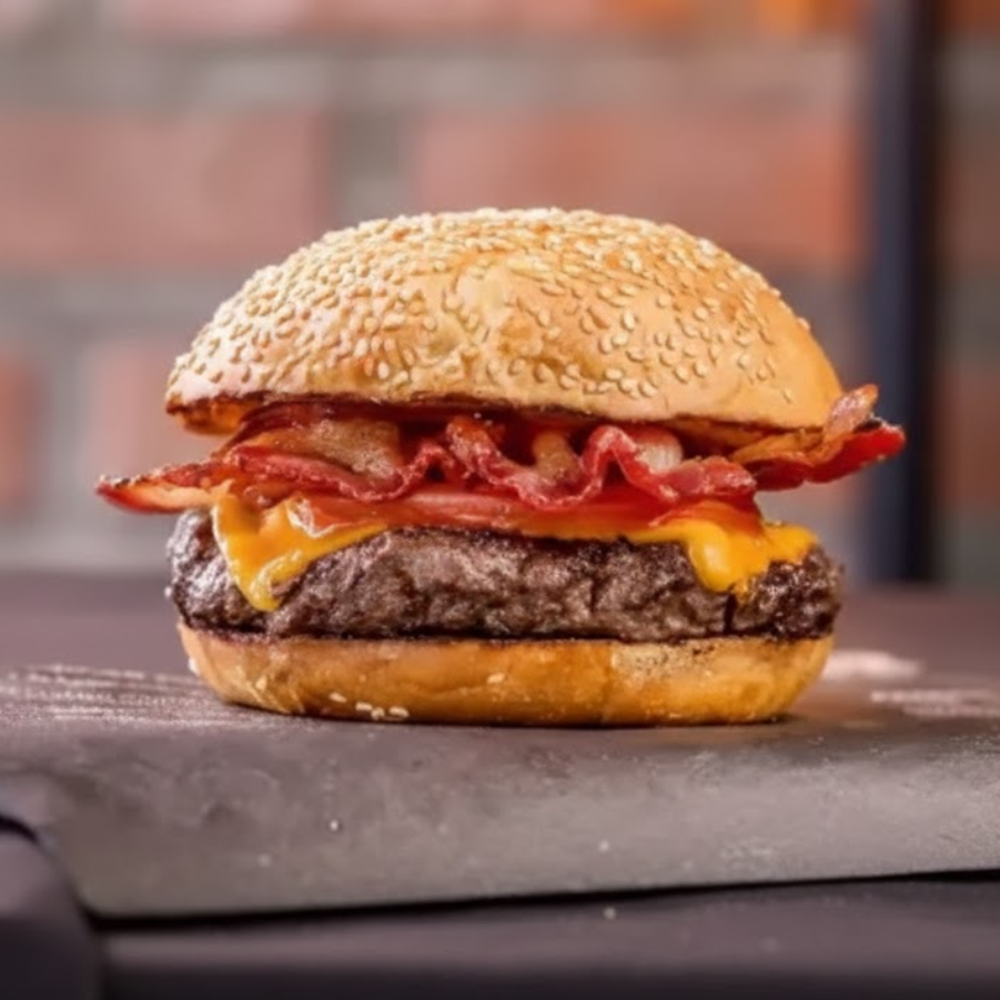 Pão, carne, queijo e bacon