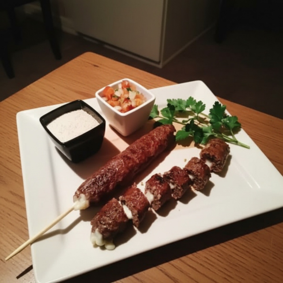 Acompanha Farofinha E Chimichuri, Uma combinação irresistível que vai elevar sua experiência gastronômica! Nossa Kafta, feita com carne moída temperada e moldada com carinho, é recheada com um generoso pedaço de mussarela derretida, que traz uma cremosidade única a cada mordida. Grelhada até a perfeição, essa delícia combina o sabor marcante da kafta com a suavidade do queijo, criando um espeto que é puro amor! Venha se deliciar com essa explosão de sabores!