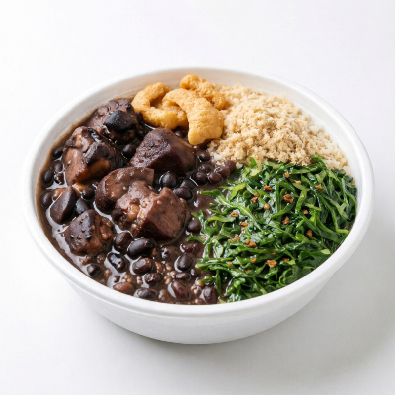-Feijoada individual com arroz, farofa, couve refogada e pururuca. -Marmita de 550ml
