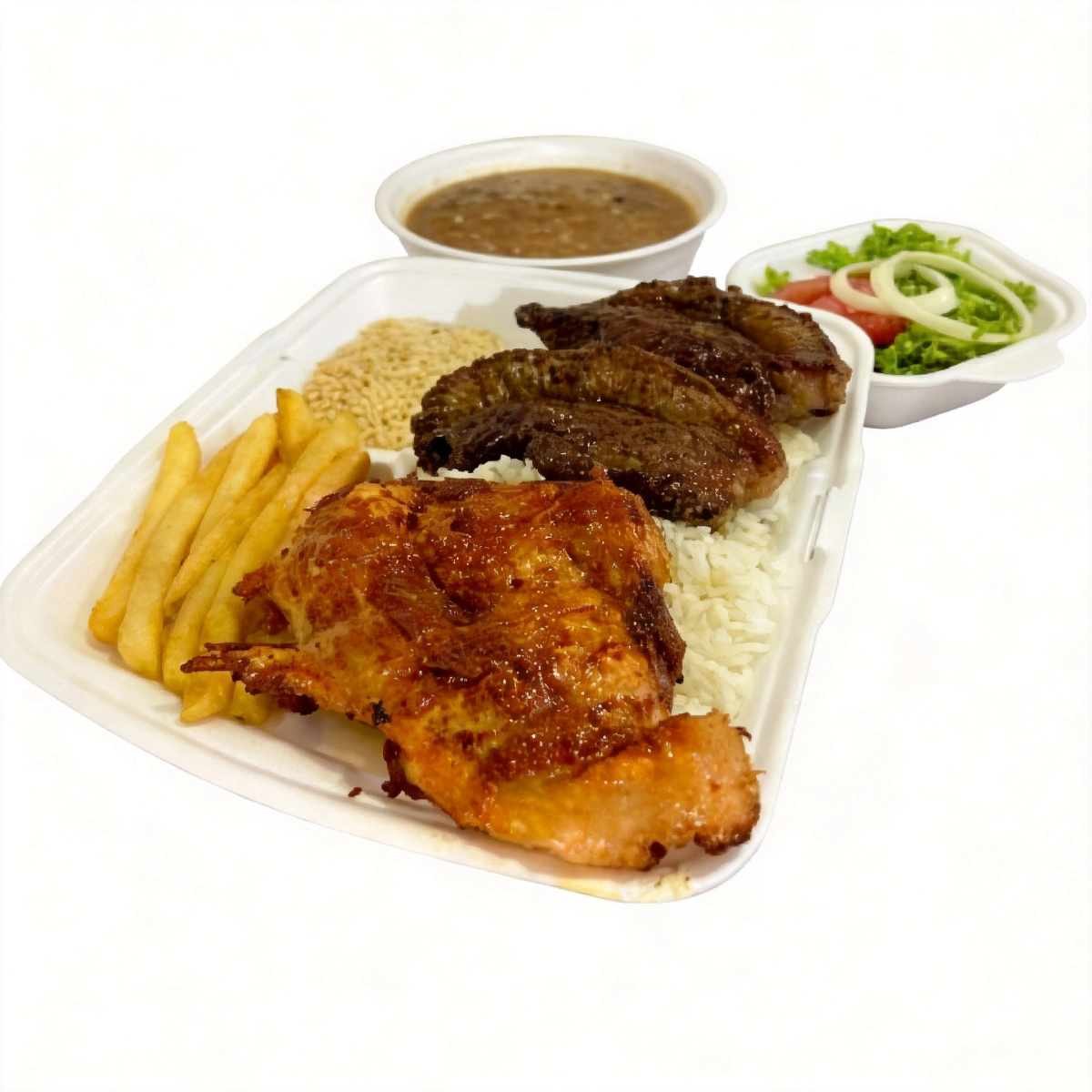 Marmitex para duas pessoas. arroz,feijão,farofa,batata frita,2 bifes picanha filé de coxa ... vinagrete e salada selecionadas a parte.
